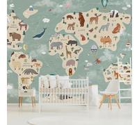 HueBurst Carta da parati da parete con animali in stile cartone animato stravagante, 337,8 cm di larghezza x 248,9 cm di altezza, carta da parati verde con mappa del mondo per la stanza dei bambini