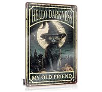 Hueivbiod Black Cat Witch Halloween Hello Darkness My Old Friend Targa in latta Poster e stampe astratte Wall Artfunky Wall Artinspirational Wall Art per donne (colore: colore, dimensioni: 20 x 30 cm)