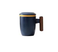 HUFFA Set di tazze da tè for ufficio in gres con coperchio - Design for separare il tè in tre pezzi e manico in legno(Dark Blue)