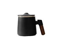 HUFFA Set di tazze da tè for ufficio in gres con coperchio - Design for separare il tè in tre pezzi e manico in legno(BlackCup)