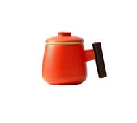 HUFFA Set di tazze da tè for ufficio in gres con coperchio - Design for separare il tè in tre pezzi e manico in legno(OrangeSingle)