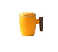 HUFFA Set di tazze da tè for ufficio in gres con coperchio - Design for separare il tè in tre pezzi e manico in legno(yellow)