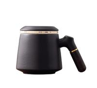 HUFFA Tazza da tè in gres con coperchio - Tazza for acqua personale in tre pezzi for uso ufficio(BlackSingleCup)