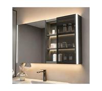 HUFIREHU Mobiletto A Specchio,Specchio Bagno Con Luce E Armadietto,Antiappannamento, Orologio E Display Della Temperatura, Con Illuminazione A Led(Gray A,120cm/47.2in)