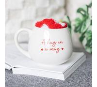 Hug in a Mug Set - Tazza da 500 ml con testo "Hug in a Mug" e comodi calzini rossi e bianchi a forma di cuore, adatta al microonde e alla lavastoviglie, presentata in una scatola abbinata per una