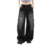 Hugboom Pantaloni cargo larghi per donne e ragazze, jeans a gamba larga Y2k Hip Hop Streetwear a vita bassa jeans oversize vestiti grunge blu, Nero 1, XS