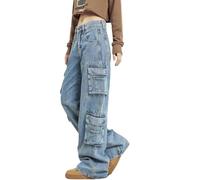 Hugboom Pantaloni cargo larghi per donne e ragazze, jeans a gamba larga Y2k Hip Hop Streetwear a vita bassa jeans oversize vestiti grunge blu, Blu 5, XL