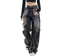 Hugboom Pantaloni cargo larghi per donne e ragazze, jeans a gamba larga Y2k Hip Hop Streetwear a vita bassa jeans oversize vestiti grunge blu, Nero4, XS