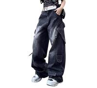 Hugboom Pantaloni cargo larghi per donne e ragazze, jeans a gamba larga Y2k Hip Hop Streetwear a vita bassa jeans oversize vestiti grunge blu, Nero4, M