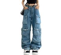 Hugboom Pantaloni cargo larghi per donne e ragazze, jeans a gamba larga Y2k Hip Hop Streetwear a vita bassa jeans oversize vestiti grunge blu, Blu 2, XL