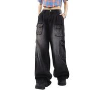 Hugboom Pantaloni cargo larghi per donne e ragazze, jeans a gamba larga Y2k Hip Hop Streetwear a vita bassa jeans oversize vestiti grunge blu, Nero 1, S