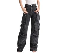 Hugboom Pantaloni cargo larghi per donne e ragazze, jeans a gamba larga Y2k Hip Hop Streetwear a vita bassa jeans oversize vestiti grunge blu, Nero 2, L