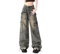 Hugboom Pantaloni cargo larghi per donne e ragazze, jeans a gamba larga Y2k Hip Hop Streetwear a vita bassa jeans oversize vestiti grunge blu, Blu, M