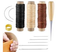 Hugfads Kit da Cucire in Pelle 12PCS - Aghi da Cucito a Mano Curvi con Punteruolo e Fili Cerati - Strumenti di Cucito per Pellicce, Tela, Riparazioni, Cuoio, Ricamo, Bookbinding - Fai da Te Creativo