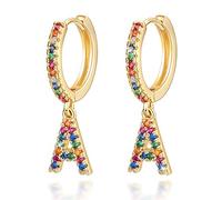 Huggie Orecchini a cerchio con iniziale A-Z per donna - Orecchini in oro bianco 14 carati con zirconi personalizzati con 26 lettere - Regalo per lei