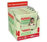 Huggies Natural Care - Salviette umidificate per bambini, confezione da 10 (480 salviette), senza plastica, con aloe vera e vitamina E, ipoallergeniche, confortevoli e leniscono la pelle delicata del
