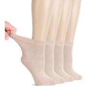 Hugh Ugoli Calzini Donna Diabetici in Bambù, 4 Paia, Calzini Corti Morbidi e Traspiranti, Extra Larghi per Caviglie Gonfie, Bordo Senza Elastico e Punta Senza Cuciture, Beige chiaro, Taglia 36-39
