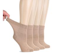 Hugh Ugoli Calzini Donna Diabetici in Bambù, 4 Paia, Calzini Corti Morbidi e Traspiranti, Extra Larghi per Caviglie Gonfie, Bordo Senza Elastico e Punta Senza Cuciture, Beige, 36-39