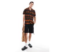 HUGO Red - Ellino - Camicia a maniche corte con colletto a rever e stampa pied de poule arancione L