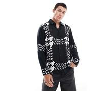 HUGO Red - Emero - Camicia a maniche lunghe con stampa pied de poule oversize-Nero M