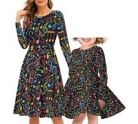 HUGS IDEA Abito da sposa per mamma e figlia, stile casual, a maniche lunghe, con motivo a spirale, stile skater, per feste di viaggio, Note musicali colorate., 11-12 Anni