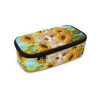 HUGS IDEA Astuccio per ragazze, grande capacità, con scomparto in rete, materiale scolastico, Girasole gatto carino, Taglia unica, Zaino per la scuola