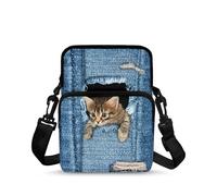 HUGS IDEA Borsa a tracolla per telefono per donne e uomini, leggera, a 2 strati, borsa a tracolla da viaggio per bambini, Tasca in denim con gatto carino, Taglia unica