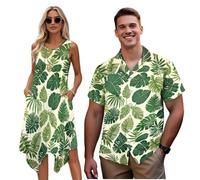HUGS IDEA Coppia abbinata Luau Outfits da uomo Aloha camicia con tasca abito da donna vestibilità ampia per vacanze al mare, Sagome di palme, 3XL