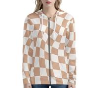 HUGS IDEA Felpe con cappuccio da donna 2025 con zip casual con tasche Y2K abbigliamento felpe per donna, Khaki a scacchi, 5XL