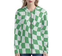 HUGS IDEA Felpe con cappuccio da donna 2025 con zip casual con tasche Y2K abbigliamento felpe per donna, Verde scuro a scacchi, XL