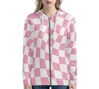 HUGS IDEA Felpe con cappuccio da donna 2025 con zip casual con tasche Y2K abbigliamento felpe per donna, Rosa a scacchi, S
