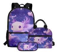 HUGS IDEA Grazioso zaino per la scuola con portapranzo e astuccio per ragazze, set 3 in 1, Carino Axolotl, Taglia unica, Zaini