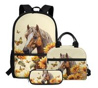 HUGS IDEA Grazioso zaino per la scuola con portapranzo e astuccio per ragazze, set 3 in 1, Cavallo di girasole, Taglia unica, Zainetto