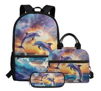 HUGS IDEA Grazioso zaino per la scuola con portapranzo e astuccio per ragazze, set 3 in 1, Delfino Jummping, Taglia unica, Zainetto
