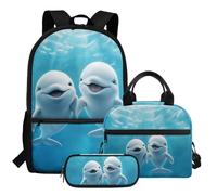 HUGS IDEA Grazioso zaino per la scuola con portapranzo e astuccio per ragazze, set 3 in 1, Deliziosi delfini., Taglia unica, Zainetto