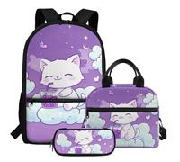 HUGS IDEA Grazioso zaino per la scuola con portapranzo e astuccio per ragazze, set 3 in 1, Gatto carino., Taglia unica, Zainetto