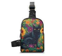 HUGS IDEA Marsupio da donna in pelle con tracolla regolabile, multiuso, marsupio, Gatto nero floreale