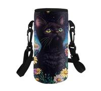 HUGS IDEA Portabottiglie per ragazze e bambini, con tracolla regolabile, Gatto nero floreale, L, Organizer per borse