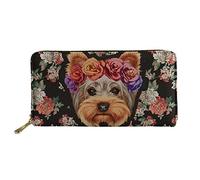 HUGS IDEA, portafoglio lungo da donna e ragazza con un adorabile cucciolo di cane e fiori, porta carte di credito, chiusura a cerniera, Yorkie, Taglia unica, Portafoglio da viaggio