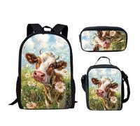 HUGS IDEA Set di 3 borse per la scuola per adolescenti, ragazze, bambini, zainetto, borsa per libri con portapranzo, astuccio per matite, Divertente mucca Daisy