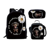 HUGS IDEA Set di 3 borse per la scuola per adolescenti, ragazze, bambini, zainetto, borsa per libri con portapranzo, astuccio per matite, Bassotto Daisy