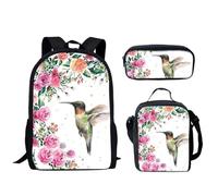 HUGS IDEA Set di 3 borse per la scuola per bambini, zaino per libri con portapranzo e astuccio 3 in 1, Colibrì Floreale
