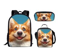 HUGS IDEA Set di 3 graziosi zaini per la scuola elementare per ragazze e adolescenti, con portapranzo e astuccio, Corgi divertenti