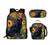 HUGS IDEA Set di 3 pezzi per la scuola per adolescenti, ragazzi e ragazze, zaino da viaggio per studenti, portapranzo e astuccio per matite, Gatto nero floreale