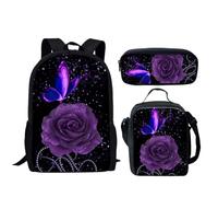 HUGS IDEA Set di 3 zaini da 43,2 cm con 3 borse per il pranzo, astuccio per ragazzi e ragazze, borsa per libri elementari prescolari, Rosa Farfalla Viola