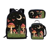 HUGS IDEA Set di 3 zaini per la scuola con stampa Fire Baseball per bambini, zaino da viaggio per ragazzi, borsa da viaggio con astuccio portapranzo 3 in 1, Fungo carino luna