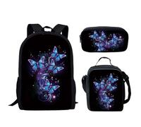 HUGS IDEA Set di 3 zaini per la scuola con stampa Fire Baseball per bambini, zaino da viaggio per ragazzi, borsa da viaggio con astuccio portapranzo 3 in 1, Farfalla blu.