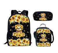 HUGS IDEA Set di 3 zaini per la scuola per bambini, con portapranzo, astuccio per ragazze, adolescenti, zaino per libri e borsa per la scuola, 3 in 1, Bradipo Girasole