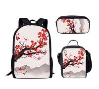HUGS IDEA Set di 3 zaini per la scuola per ragazze e adolescenti + portapranzo + astuccio da viaggio casual, Fiori di ciliegio