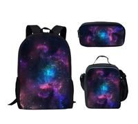 HUGS IDEA Set di 3 zaini per la scuola per ragazze e adolescenti + portapranzo + astuccio da viaggio casual, Galassia